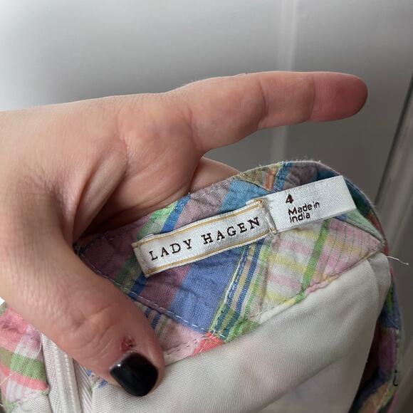 Vintage Y2K 2000s Lady Hagen Madras Patchwork Plaid Golf Skort Size 4 Blue Pink - Picture 5 of 5